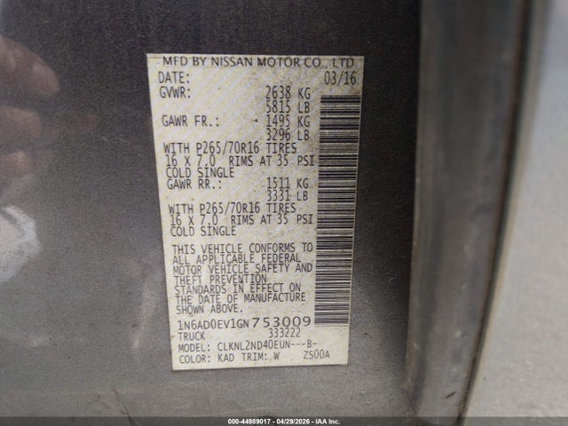 Продажа на аукционе авто 2016 Nissan Frontier Pro-4x/s/sl/sv, vin: 1N6AD0EV1GN753009, номер лота: 44989017