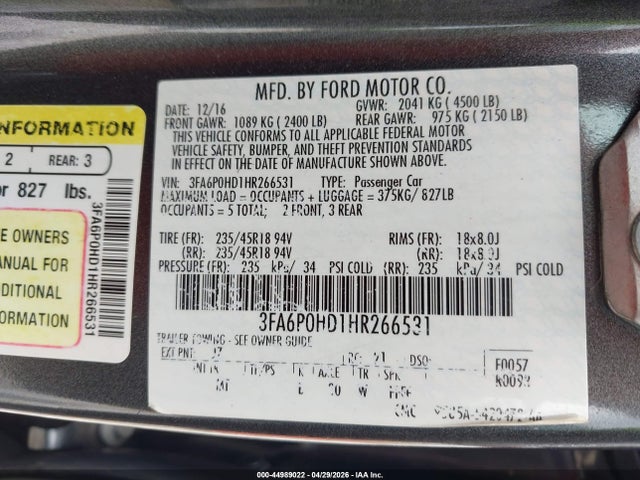 Ford FUSION SE 2017 3FA6P0HD1HR266531 Image 9