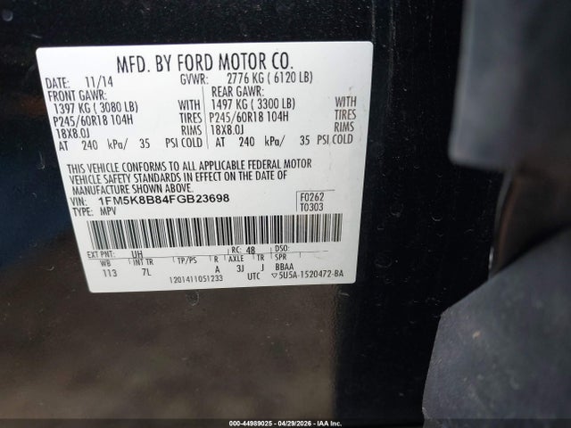 Aukcja sprzedaży 2015 Ford Explorer, vin: 1FM5K8B84FGB23698, numer aukcji: 44989025