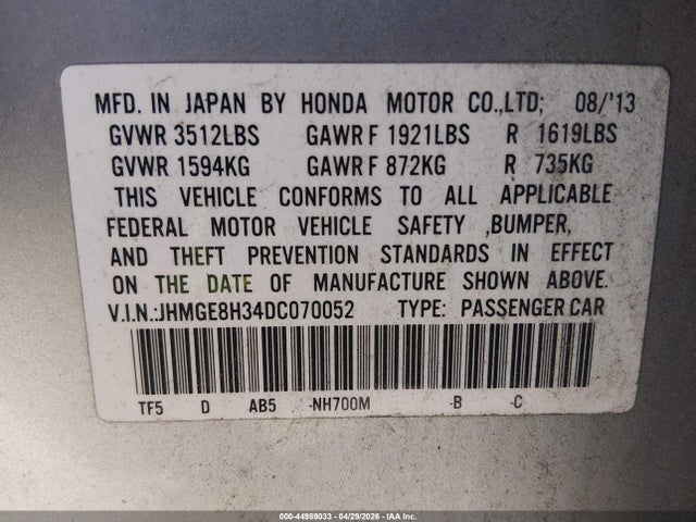 Aukcja sprzedaży 2013 Honda Fit, vin: JHMGE8H34DC070052, numer aukcji: 44989033