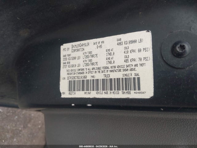 44989035 :رقم المزاد ، 3D7KS28C76G101060 vin ، 2006 Dodge Ram 2500 Slt/trx4 Off Road/sport/power Wagon مزاد بيع