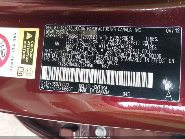44989043 :رقم المزاد ، 2T2BK1BAXDC154950 vin ، 2013 Lexus Rx 350 مزاد بيع