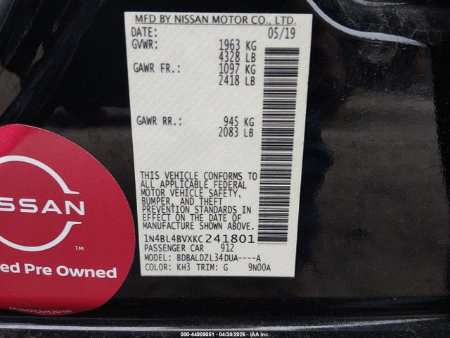 Aukcja sprzedaży 2019 Nissan Altima 2.5 S, vin: 1N4BL4BVXKC241801, numer aukcji: 44989051