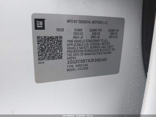 2018 Chevrolet Malibu 1fl მანქანა იყიდება აუქციონზე, vin: 1G1ZC5STXJF242143, აუქციონის ნომერი: 44989055