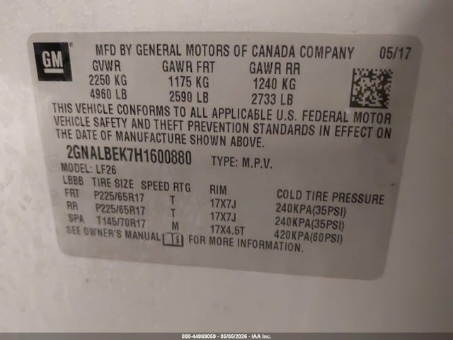 Aukcja sprzedaży 2017 Chevrolet Equinox Ls, vin: 2GNALBEK7H1600880, numer aukcji: 44989059