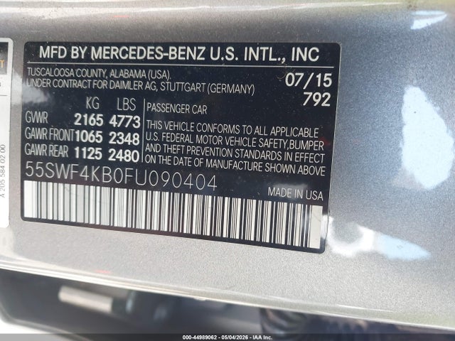 Продаж на аукціоні авто 2015 Mercedes-benz C 300 4matic, vin: 55SWF4KB0FU090404, номер лоту: 44989062