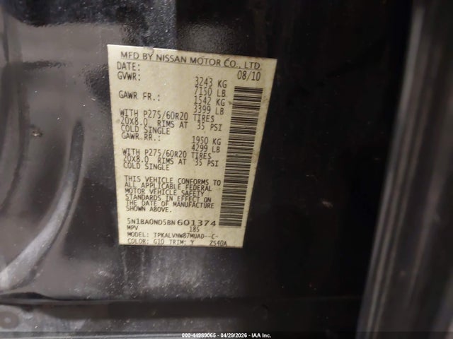 44989065 :رقم المزاد ، 5N1BA0ND5BN601374 vin ، 2011 Nissan Armada Sl مزاد بيع