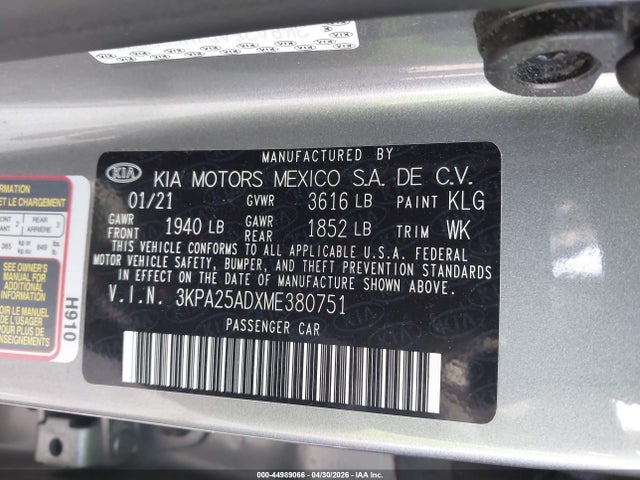 Продаж на аукціоні авто 2021 Kia Rio 5-door S, vin: 3KPA25ADXME380751, номер лоту: 44989066