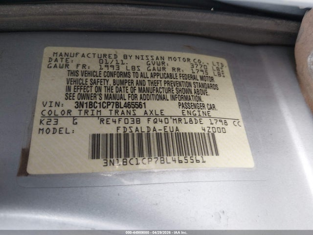 2011 Nissan Versa 1.8s მანქანა იყიდება აუქციონზე, vin: 3N1BC1CP7BL465561, აუქციონის ნომერი: 44989080