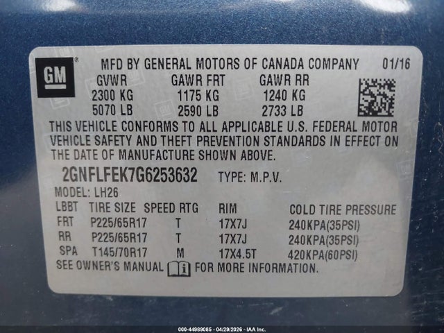 2016 Chevrolet Equinox Lt მანქანა იყიდება აუქციონზე, vin: 2GNFLFEK7G6253632, აუქციონის ნომერი: 44989085