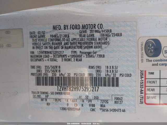 Aukcja sprzedaży 2007 Ford Mustang Gt Deluxe/gt Premium, vin: 1ZVHT82H975295217, numer aukcji: 44989090
