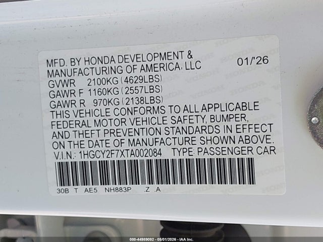 1HGCY2F7XTA002084 Honda Accord Hybrid Sport-l