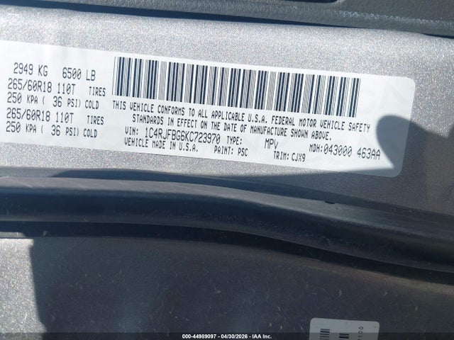 Aukcja sprzedaży 2019 Jeep Grand Cherokee Limited 4x4, vin: 1C4RJFBG6KC723970, numer aukcji: 44989097