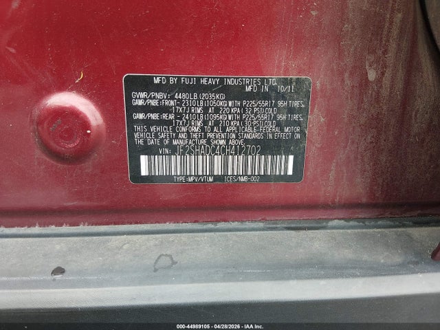 44989105 :رقم المزاد ، JF2SHADC4CH412702 vin ، 2012 Subaru Forester 2.5x Premium مزاد بيع
