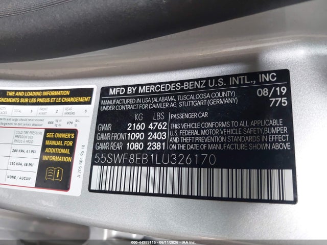 44989115 :رقم المزاد ، 55SWF8EB1LU326170 vin ، 2020 Mercedes-benz C 300 4matic مزاد بيع