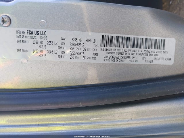 Продажа на аукционе авто 2019 Dodge Grand Caravan Gt, vin: 2C4RDGEG1KR785759, номер лота: 44989123