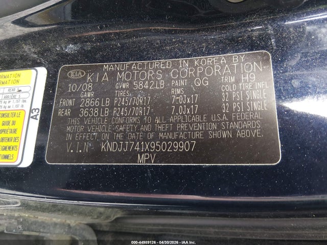 2009 Kia Borrego Ex V6 მანქანა იყიდება აუქციონზე, vin: KNDJJ741X95029907, აუქციონის ნომერი: 44989126