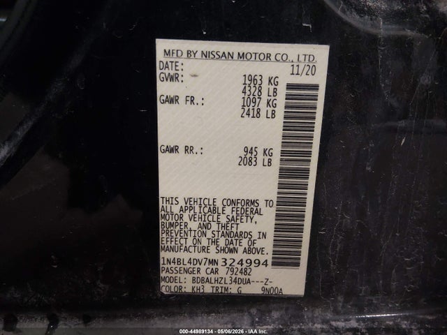 2021 Nissan Altima Sv Fwd მანქანა იყიდება აუქციონზე, vin: 1N4BL4DV7MN324994, აუქციონის ნომერი: 44989134