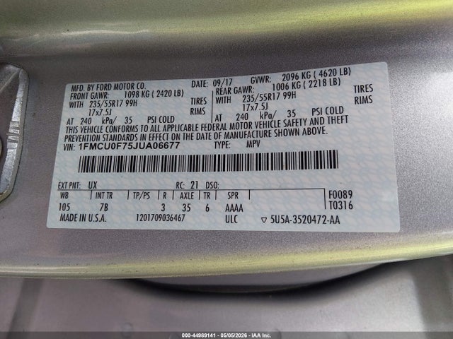 Aukcja sprzedaży 2018 Ford Escape S, vin: 1FMCU0F75JUA06677, numer aukcji: 44989141