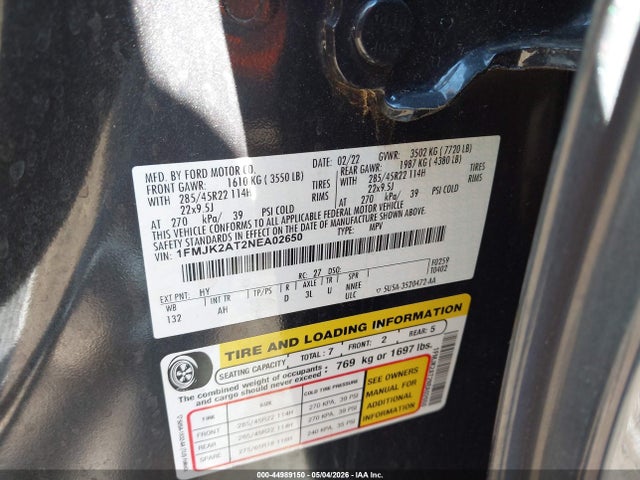 2022 Ford Expedition Limited Max მანქანა იყიდება აუქციონზე, vin: 1FMJK2AT2NEA02650, აუქციონის ნომერი: 44989150