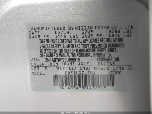 44989153 :رقم المزاد ، 3N1AB7AP9EL655919 vin ، 2014 Nissan Sentra Sv مزاد بيع