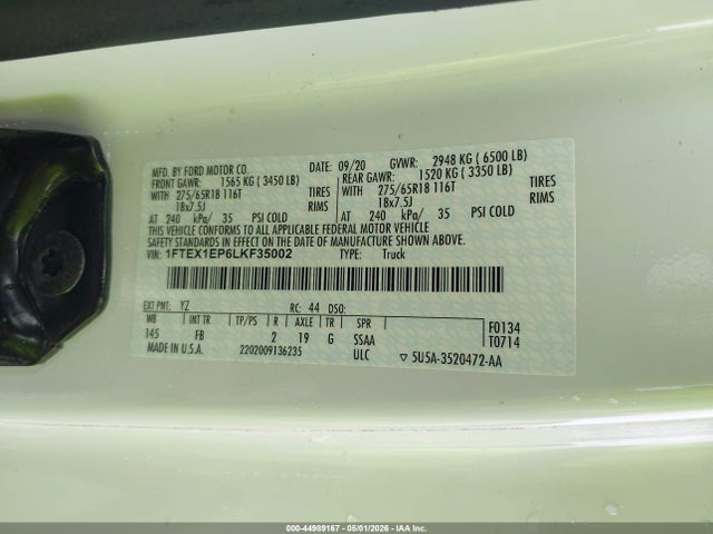 Продаж на аукціоні авто 2020 Ford F-150 Xlt, vin: 1FTEX1EP6LKF35002, номер лоту: 44989167