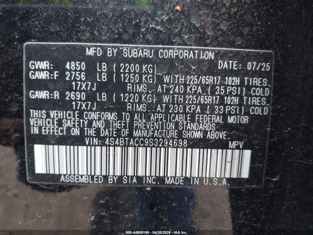 Aukcja sprzedaży 2025 Subaru Outback Premium, vin: 4S4BTACC9S3294698, numer aukcji: 44989168