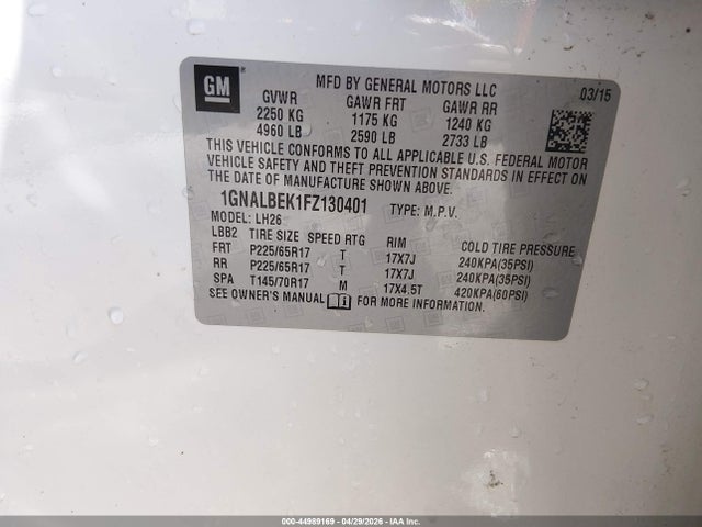 44989169 :رقم المزاد ، 1GNALBEK1FZ130401 vin ، 2015 Chevrolet Equinox 1lt مزاد بيع