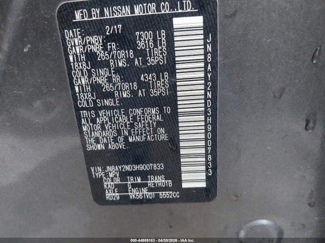 44989183 :رقم المزاد ، JN8AY2ND3H9007833 vin ، 2017 Nissan Armada Sv مزاد بيع