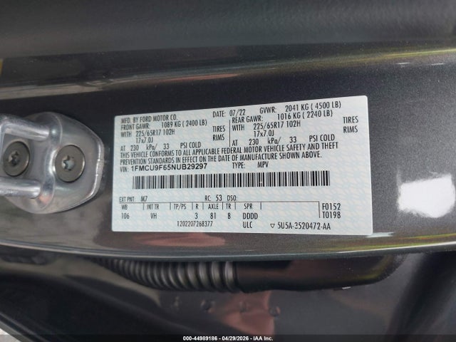 2022 Ford Escape S მანქანა იყიდება აუქციონზე, vin: 1FMCU9F65NUB29297, აუქციონის ნომერი: 44989186