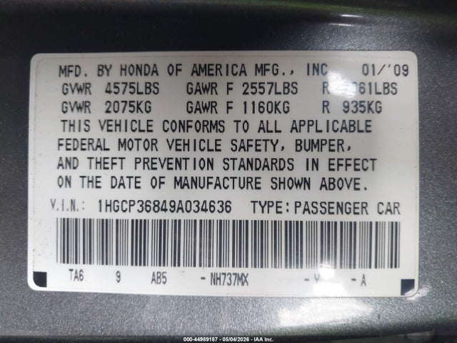 Aukcja sprzedaży 2009 Honda Accord 3.5 Ex-l, vin: 1HGCP36849A034636, numer aukcji: 44989187