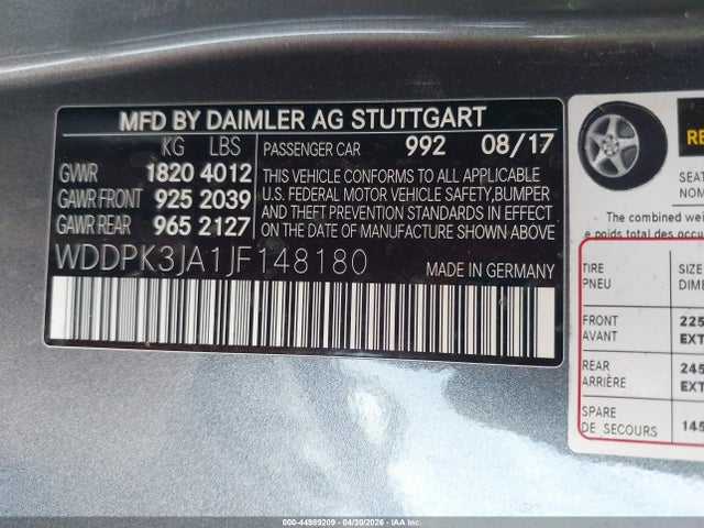 44989209 :رقم المزاد ، WDDPK3JA1JF148180 vin ، 2018 Mercedes-benz Slc 300 مزاد بيع