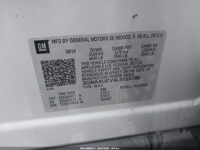 44989214 :رقم المزاد ، 3GNAXUEV4LS510786 vin ، 2020 Chevrolet Equinox Awd Lt 1.5l Turbo مزاد بيع