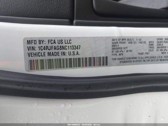 Aukcja sprzedaży 2022 Jeep Grand Cherokee Wk Laredo X 4x4, vin: 1C4RJFAG8NC113347, numer aukcji: 44989222