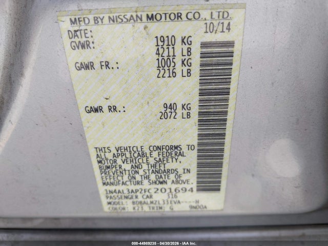 1N4AL3AP2FC201694 Nissan Altima 2.5 Sv