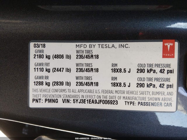 Aukcja sprzedaży 2018 Tesla Model 3 Long Range/mid Range, vin: 5YJ3E1EA9JF006923, numer aukcji: 44989238