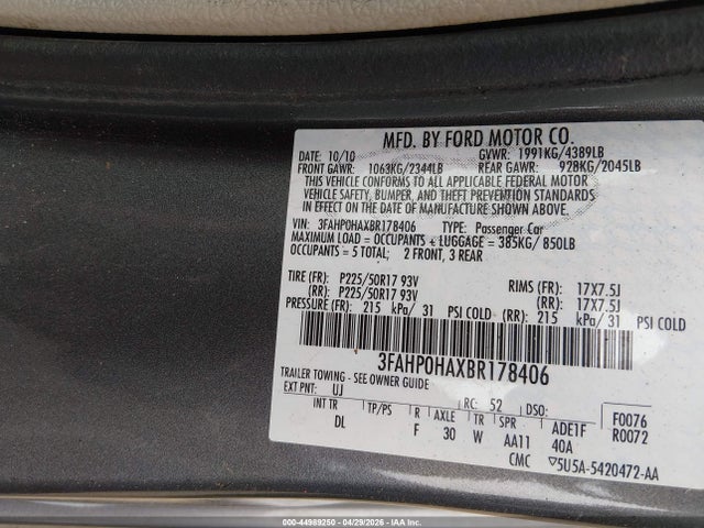 Продаж на аукціоні авто 2011 Ford Fusion Se, vin: 3FAHP0HAXBR178406, номер лоту: 44989250