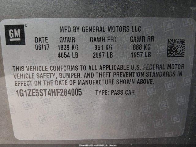 2017 Chevrolet Malibu 1lt მანქანა იყიდება აუქციონზე, vin: 1G1ZE5ST4HF284005, აუქციონის ნომერი: 44989259