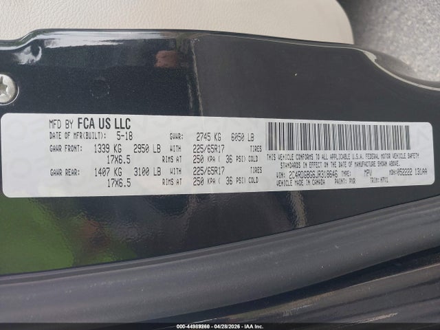 Aukcja sprzedaży 2018 Dodge Grand Caravan Se, vin: 2C4RDGBG6JR318646, numer aukcji: 44989260