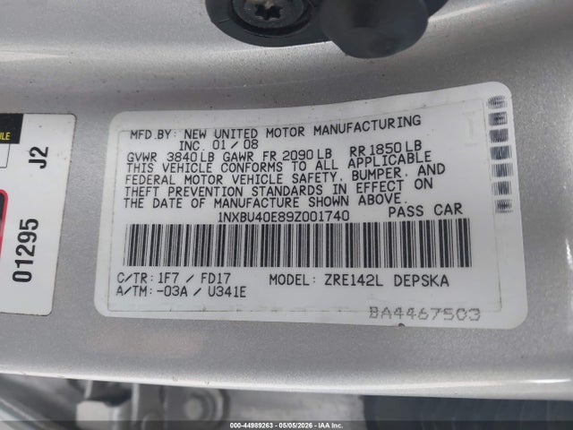 44989263 :رقم المزاد ، 1NXBU40E89Z001740 vin ، 2009 Toyota Corolla S مزاد بيع