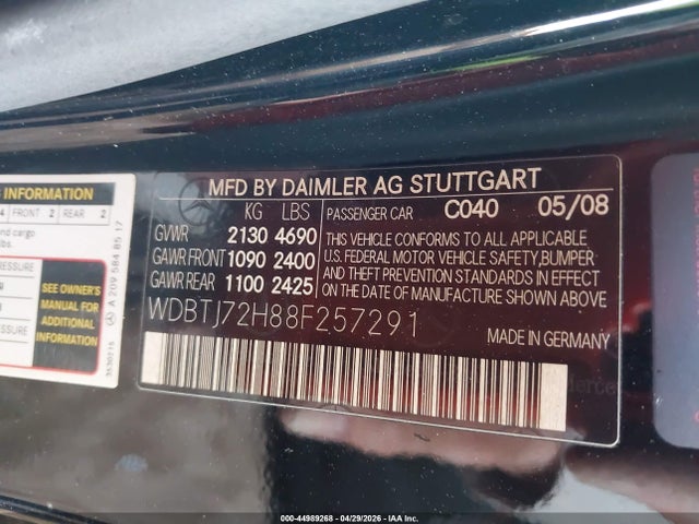 44989268 :رقم المزاد ، WDBTJ72H88F257291 vin ، 2008 Mercedes-benz Clk 550 مزاد بيع