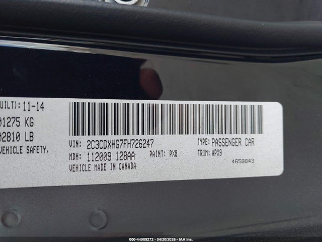 44989272 :رقم المزاد ، 2C3CDXHG7FH726247 vin ، 2015 Dodge Charger Sxt مزاد بيع