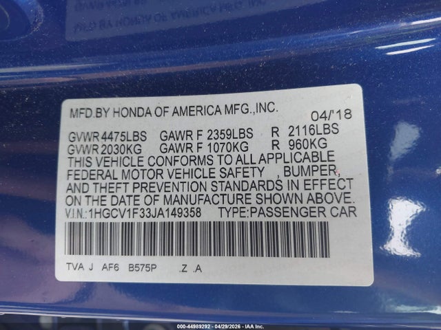 Продажа на аукционе авто 2018 Honda Accord Sport, vin: 1HGCV1F33JA149358, номер лота: 44989292