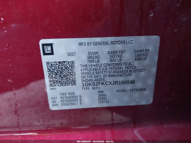 44989297 :رقم المزاد ، 1GKS2FKCXJR150048 vin ، 2018 Gmc Yukon Xl Sle مزاد بيع