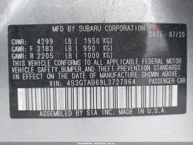 2020 Subaru Impreza 5-door მანქანა იყიდება აუქციონზე, vin: 4S3GTAB69L3727864, აუქციონის ნომერი: 44989298
