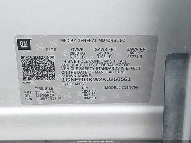 Aukcja sprzedaży 2019 Chevrolet Traverse 1lt, vin: 1GNERGKW2KJ250561, numer aukcji: 44989305