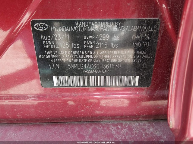 2012 Hyundai Sonata Gls მანქანა იყიდება აუქციონზე, vin: 5NPEB4AC6CH361630, აუქციონის ნომერი: 44989307