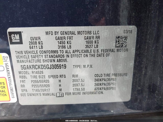 2016 Buick Enclave Premium მანქანა იყიდება აუქციონზე, vin: 5GAKRCKD5GJ305919, აუქციონის ნომერი: 44989309