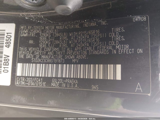 2008 Toyota Sienna Le მანქანა იყიდება აუქციონზე, vin: 5TDZK23C88S191873, აუქციონის ნომერი: 44989313