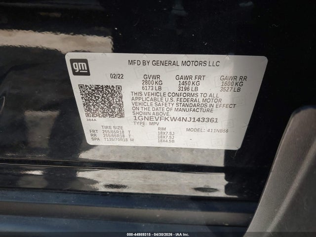 1GNEVFKW4NJ143361 Chevrolet Traverse Awd Ls